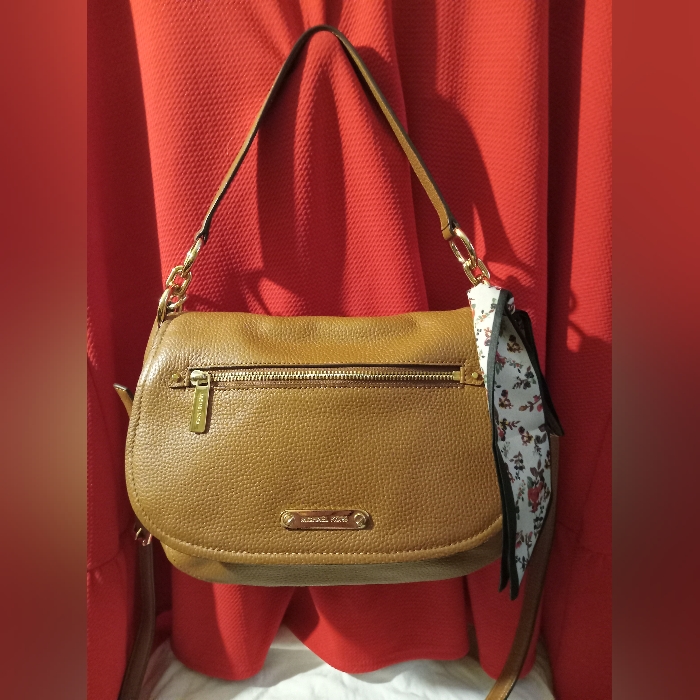Michael Kors Bedford Flap Small Crossbody Pebbled Leather Bag In Carmel Euc